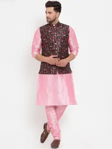 KRAFT INDIA Men Pink & Black Regular Dupion Silk Kurta Set