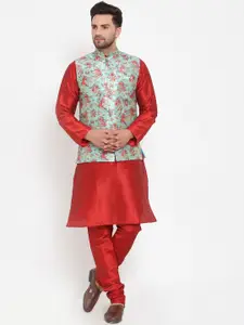 KRAFT INDIA Men Red & Turquoise Blue Regular Dupion Silk Kurta Set