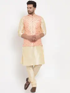 KRAFT INDIA Men Beige & Peach-Coloured Embroidered Kurta With Churidar & Nehru Jacket