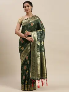 Soch Women Green & Gold-Toned Silk Blend Ethnic Motif Woven Designed Saree