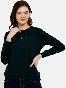 METTLE Women Green Solid Fleece Sweatshirt