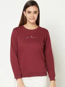 METTLE Women Maroon Solid Fleece Sweatshirt