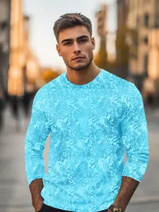 Urbano Fashion Men Turquoise Blue Floral Printed Tropical Slim Fit T-shirt