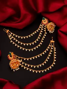 aadita Women Gold-Toned & Green Dome Shaped Jhumkas Earrings With Layered Hair Chain