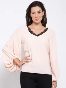 iki chic Pink & Black Lace Inserts Georgette Top