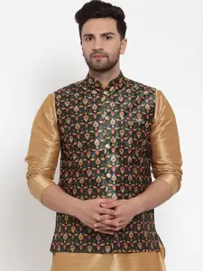 KRAFT INDIA Men Green Silk Printed Mandarin Collar Nehru Jacket
