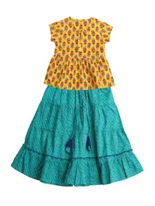 My Little Lambs Girls Teal Green & Yellow Printed Lehenga With Blouse
