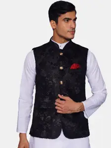 Wintage Men Black Printed Woven Nehru Jacket