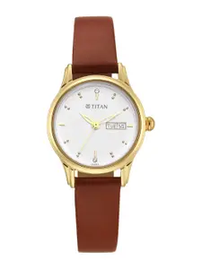 Titan Women White Brass Dial & Brown Leather Straps Analogue Watch 2656YL01