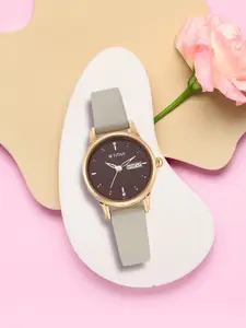 Titan Women Brown Brass Embellished Dial & Grey Leather Straps Analogue Watch 2656WL01