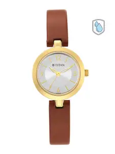 Titan Women Silver-Toned Brass Mother of Pearl Dial & Brown Leather Bracelet Style Straps Analogue Watch