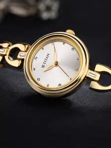 Titan Women Silver-Toned Brass Dial & Gold Toned Bracelet Style Straps Analogue Watch 2601YM04