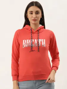 Duke Women Red Printed Typography Printed Hooded Sweatshirt