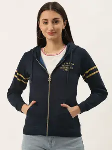 Duke Women Navy Blue Printed Hooded Sweatshirt