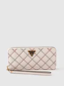 GUESS Women Beige & Red Quilted PU Zip Around Wallet with Wrist Loop