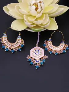 Yellow Chimes Women Gold Plated Stone Studded Meenakari Chandbali Earrings & Maangtikka