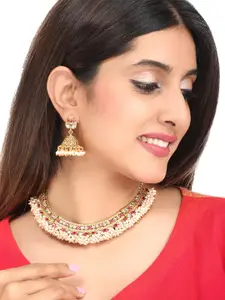 Yellow Chimes Women Gold-Toned & Red Kundan Studded & Beaded Handcrafted Necklace Set