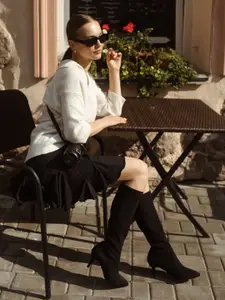 Saint G Women Black Stretch Suede Kitten Heel Knee High Boots