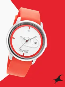 Fastrack Men White Brass Printed Dial & Red Strap Analogue Watch 3263SP01