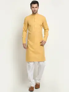 NEUDIS Men Yellow & White Regular Pure Cotton Kurta with Churidar