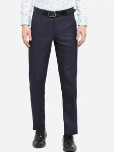 Greenfibre Men Navy Blue Textured Slim Fit Formal Trousers