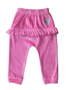 Moms Love Infant Girls Pink Cotton Velvet Finish Solid Lounge Joggers with Ruffle Detail