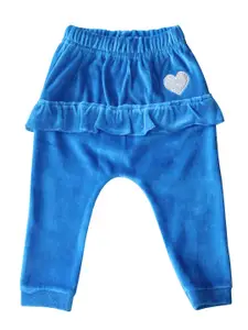 Moms Love Infant Girls Blue Cotton Velvet Finish Solid Lounge Joggers with Ruffle Detail