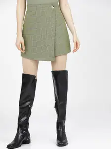 Tokyo Talkies Green & Black Checked A-Line Mini Skirt