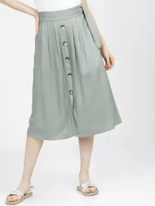 Tokyo Talkies Women Green Solid Midi Length A-Line Skirt