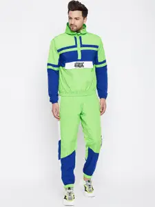 FUGAZEE Men Lime Green & Blue Colourblocked Relaxed-Fit Tracksuit