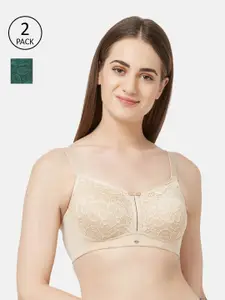SOIE Women Full Coverage Padded Non-Wired Lace Bra-Pack of 2