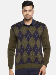 BYFORD by Pantaloons Men Olive Green & Navy Blue Argyle Printed Acrylic Pullover