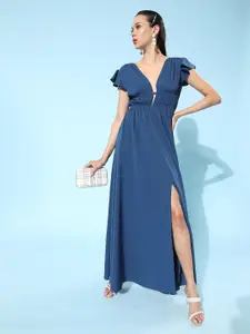 Berrylush Blue Solid Smocked Dress