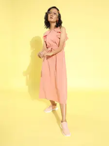 Berrylush Pink Solid Ruffle Detail Dress