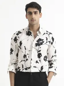 RARE RABBIT Men Off White & Black Tailored Fit Opaque Floral Printed Casual Shirt