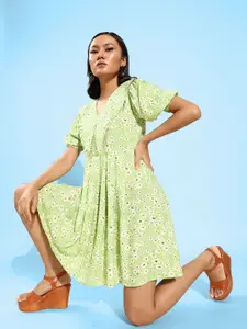 Athena Women Gorgeous Green Floral Above The Keyboard Collar Dress