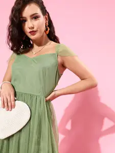 U&F Women Green Solid Net Fit and Flare Dress