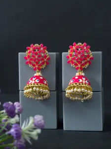 Golden Peacock Gold-Toned & Pink Dome Shaped Enamelled Jhumkas Earrings