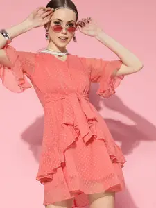 Berrylush Pink Self Design Ruffle Detail Dress