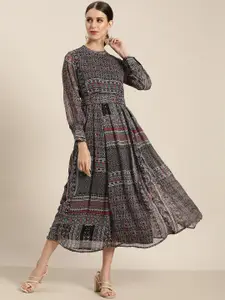 Juniper Black & Multicoloured Ethnic Motifs Chiffon Midi Dress