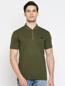 Mufti Men Olive Green Polo Collar Slim Fit Cotton T-shirt