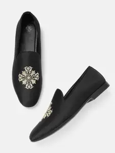 House of Pataudi Men Black & Gold-Toned Handcrafted Embroidered Slip-Ons