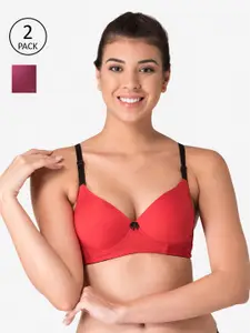 KOMLI Pack of 2 Red & Purple Non Wired Full Coverage Bras