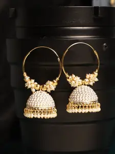 ANIKAS CREATION Gold Plated White Dome Shaped Hoop Earrings