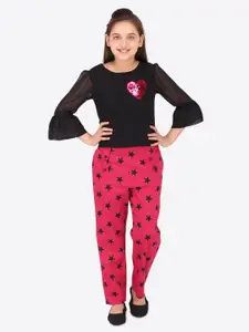 CUTECUMBER Girls Black & Red Printed Pure Cotton Top With Trousers
