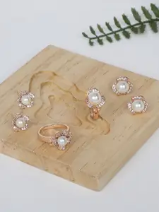 Ami Set of 2 Rose Gold & White Contemporary Cubic Zirconia Stud Earrings & Rings