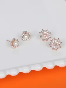 AMI Rose Gold & White Set of 2 Contemporary Stud Earrings