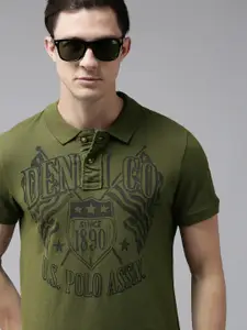 U.S. Polo Assn. Denim Co. U S Polo Assn Denim Co Men Olive Green Brand Logo Printed Polo Collar Pure Cotton T-shirt