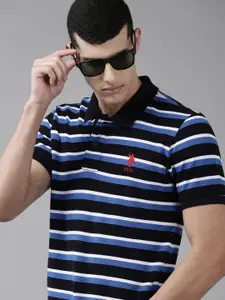 U.S. Polo Assn. U S Polo Assn Men Black & Blue Striped Polo Collar Slim Fit Pure Cotton T-shirt