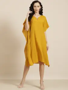 Qurvii Mustard Yellow Keyhole Neck Crepe A-Line Dress